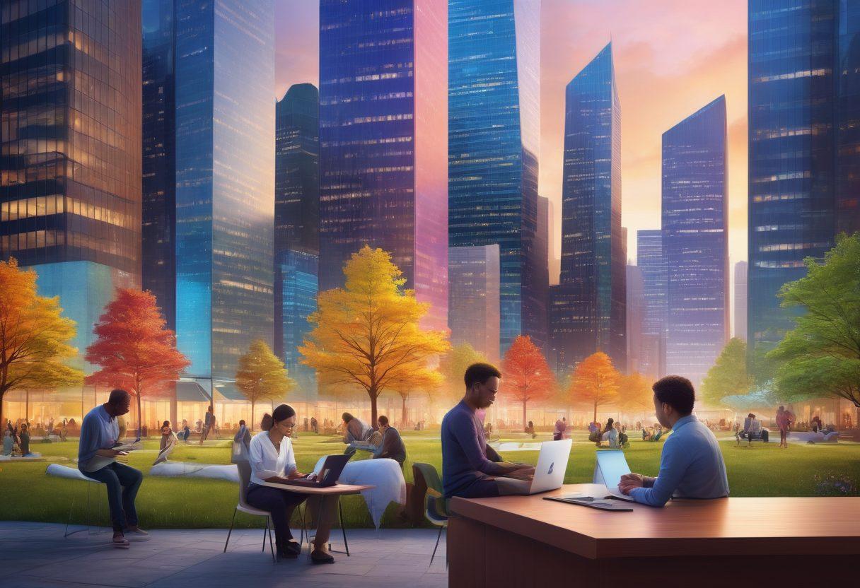 A dynamic scene featuring a diverse group of people engaging with their laptops and tablets, exploring a vibrant web-based insurance marketplace. Include visual elements like policy documents, comparison charts, and charts displaying coverage options. Incorporate a mix of urban and rural backgrounds to reflect accessibility. Bright and inviting colors to enhance a sense of community and trust. super-realistic. vibrant colors. 3D.