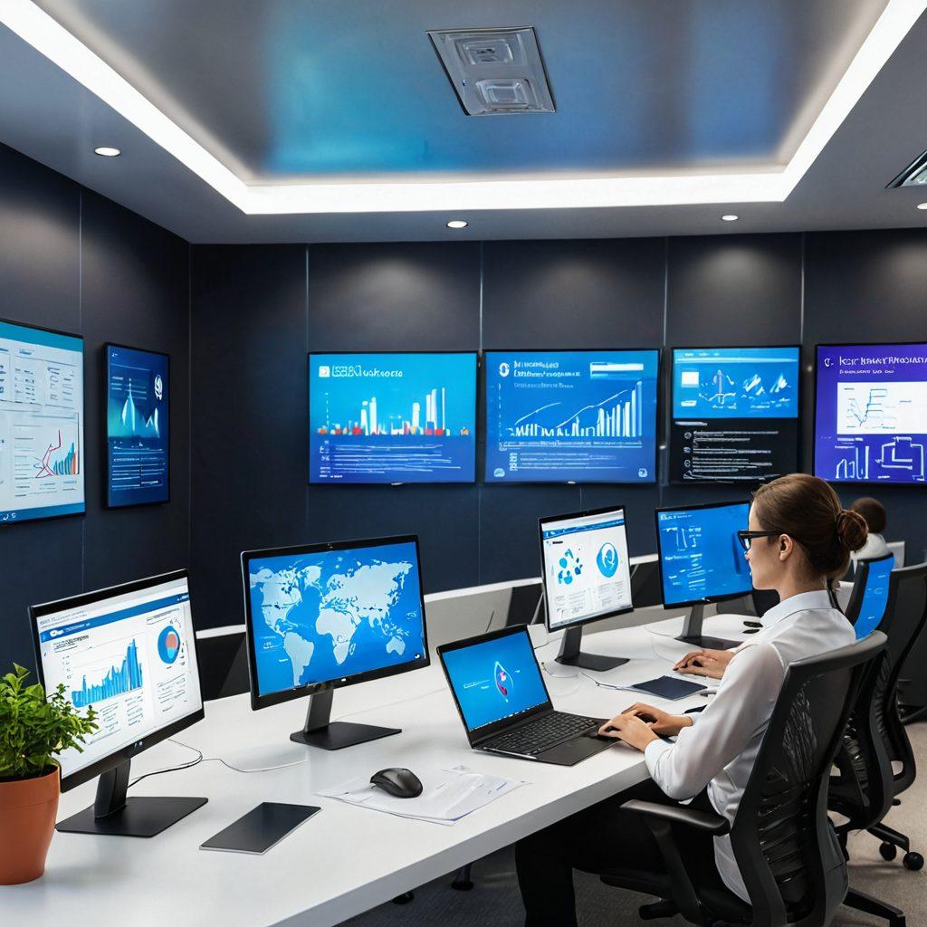 A modern digital workspace filled with innovative insurance management tools, depicting a diverse group of professionals collaborating over data analytics on large screens, with infographics and graphs illustrating growth and empowerment. Include elements like a futuristic interface, empowering visuals, and a warm, welcoming atmosphere. Vibrant colors. 3D.