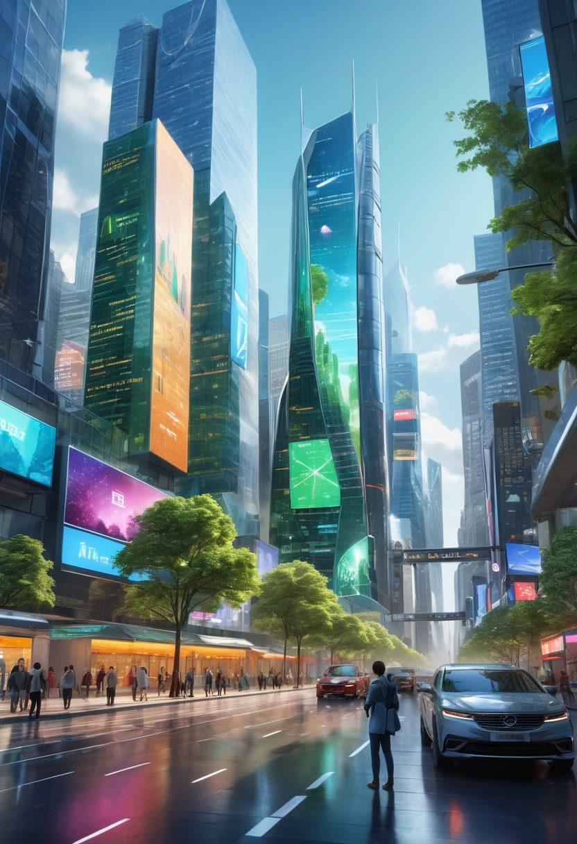 A futuristic city skyline with digital holographic advertisements showcasing various insurance solutions. In the foreground, diverse people engaging with digital devices and discussing their insurance options, surrounded by vibrant green trees symbolizing security and growth. The atmosphere is bright and optimistic, emphasizing innovation and trust in technology. super-realistic. vibrant colors. 3D.